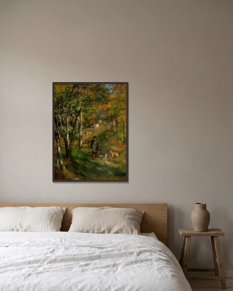 Jules Le Coeur und seine Hunde im Wald von Fontainebleau von Pierre-Auguste Renoir gerahmt an einer Wand