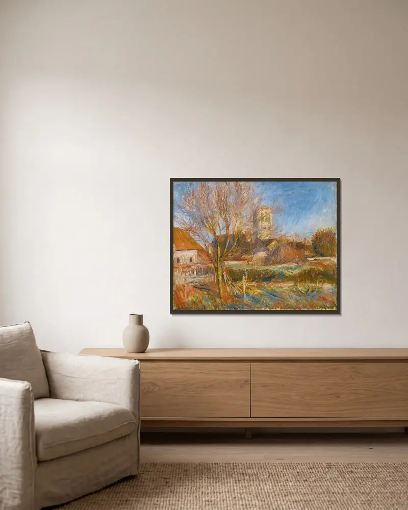 Die Kirche in Essoyes von Pierre-Auguste Renoir gerahmt an einer Wand