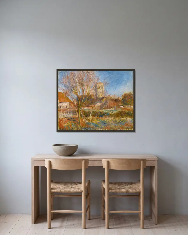 Die Kirche in Essoyes von Pierre-Auguste Renoir gerahmt an einer Wand