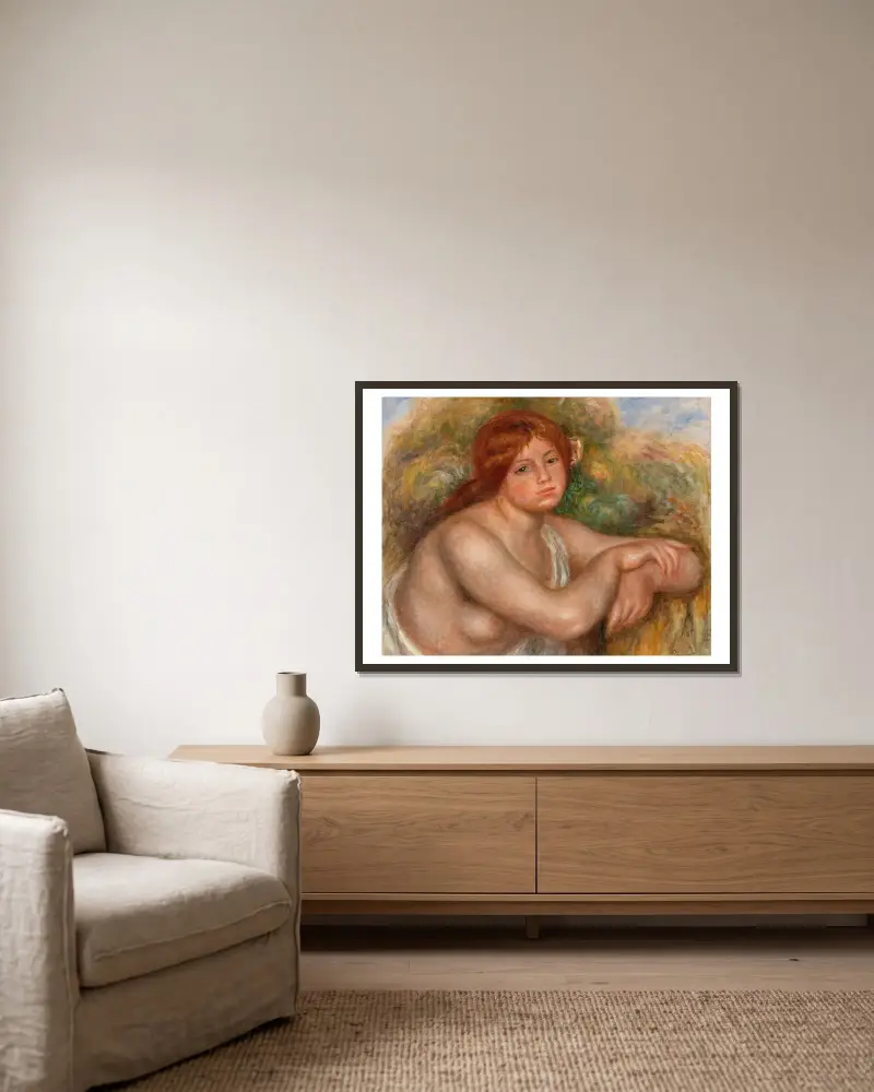 Nude Study, Bust of a Woman (Étude de nu, buste de femme) av Pierre-Auguste Renoir inramad på en vägg