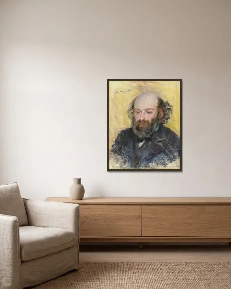 Portrait de Cézanne av Pierre-Auguste Renoir inramad på en vägg