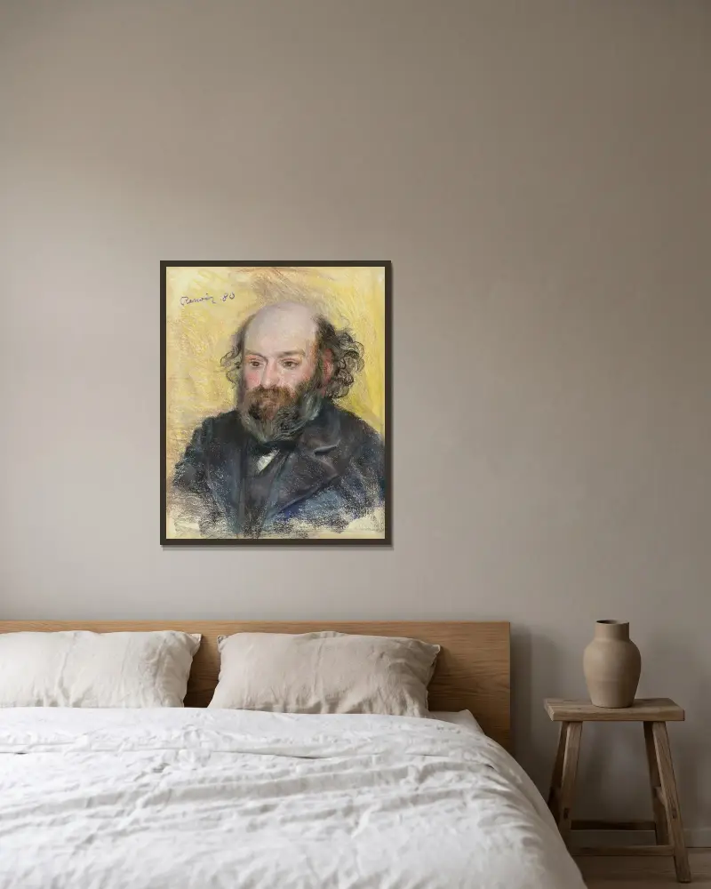 Portrait de Cézanne av Pierre-Auguste Renoir inramad på en vägg