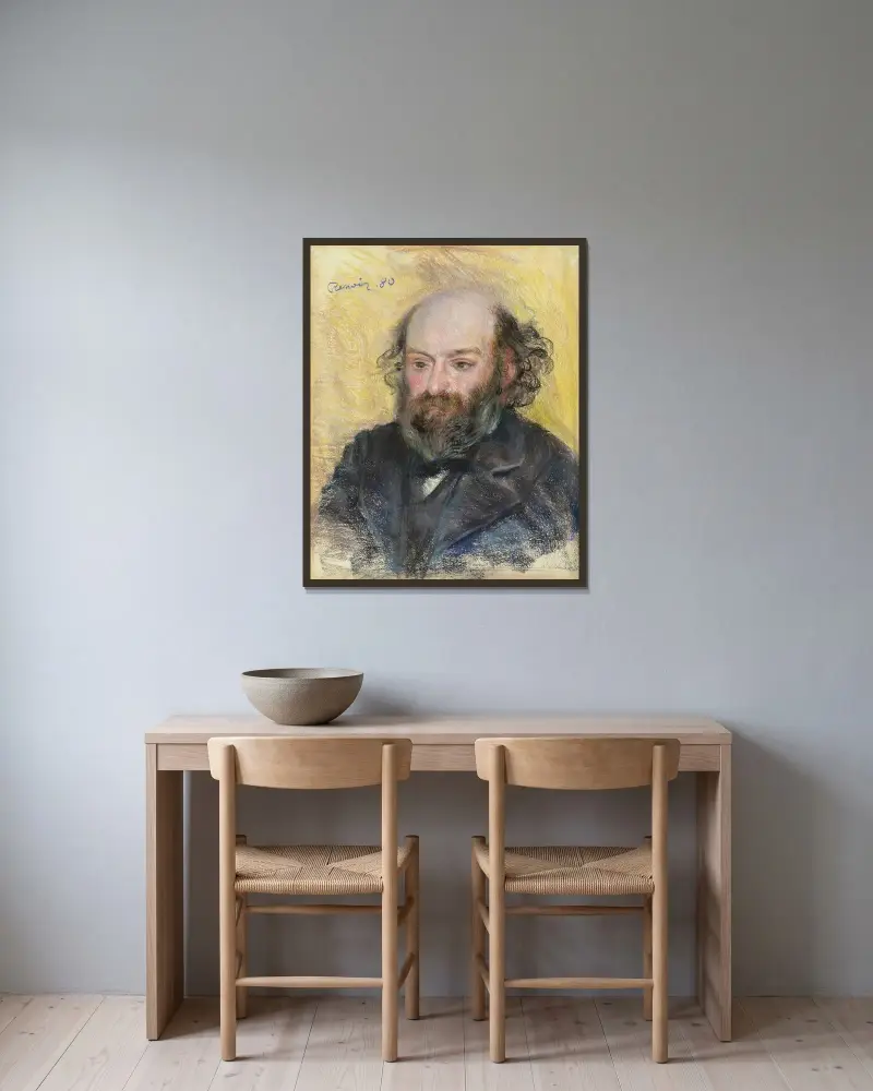 Portrait de Cézanne av Pierre-Auguste Renoir inramad på en vägg