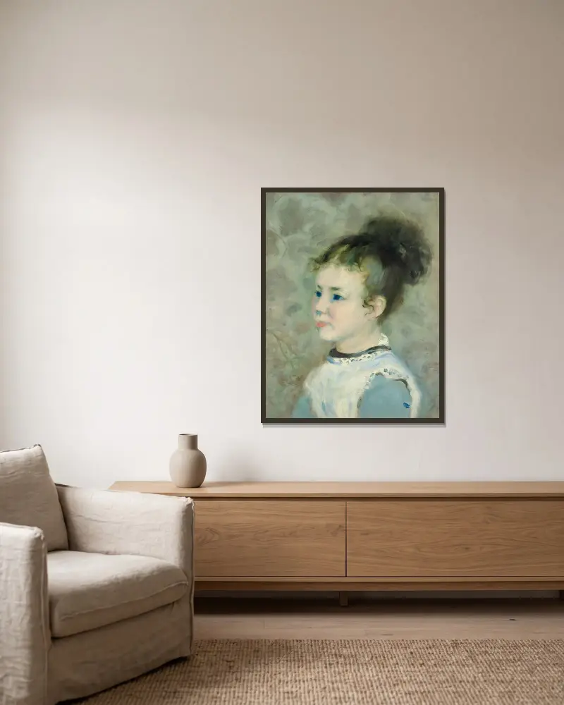 Porträtt av Jeanne Sisley av Pierre-Auguste Renoir inramad på en vägg