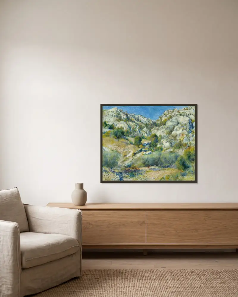 Klippor vid L'Estaque av Pierre-Auguste Renoir inramad på en vägg