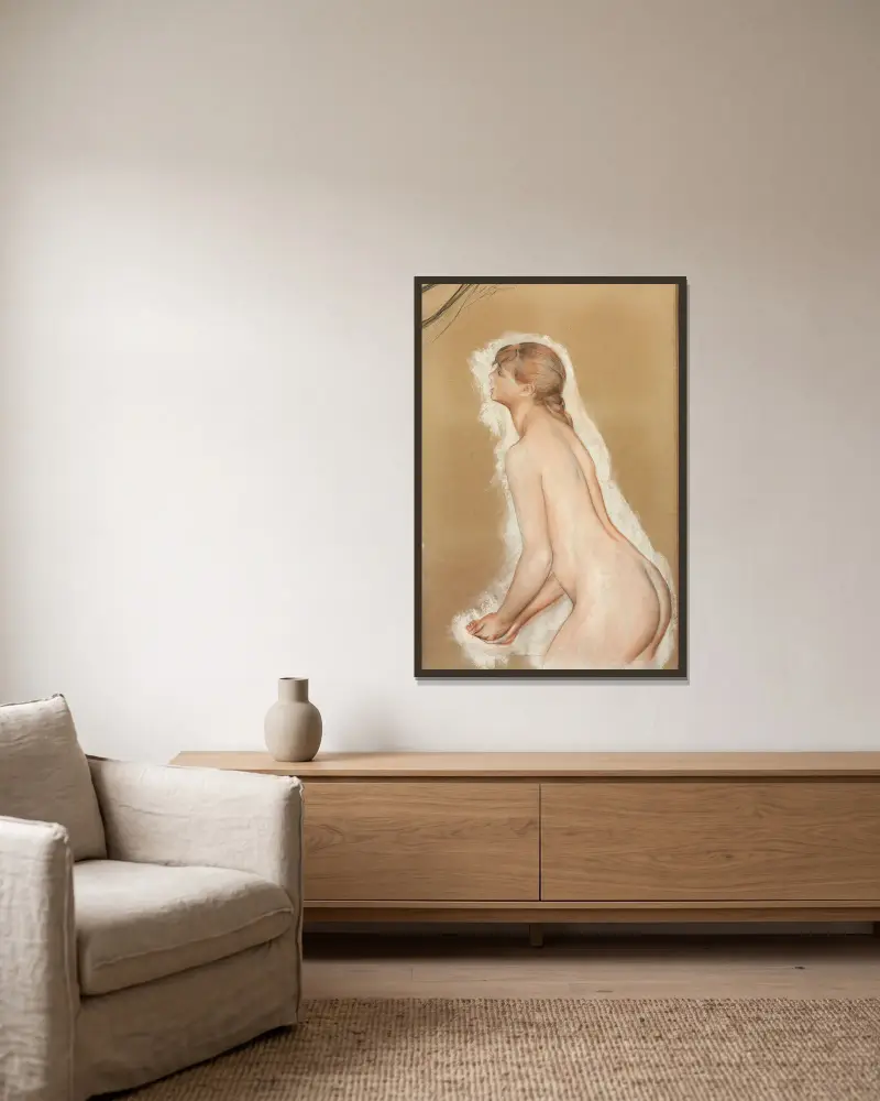 Wasser spritzende Figur (Studie für 'Die großen Badenden') von Pierre-Auguste Renoir gerahmt an einer Wand