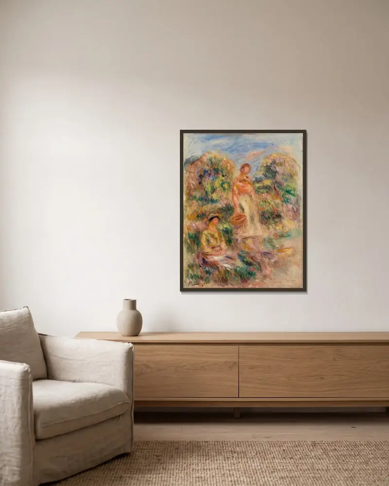 Stojąca kobieta i siedząca kobieta w pejzażu, Pierre-Auguste Renoir w ramie na ścianie