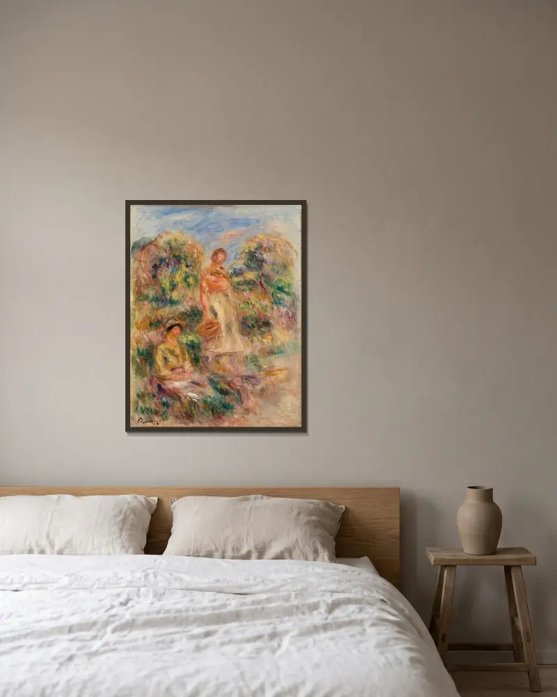 Stojąca kobieta i siedząca kobieta w pejzażu, Pierre-Auguste Renoir w ramie na ścianie