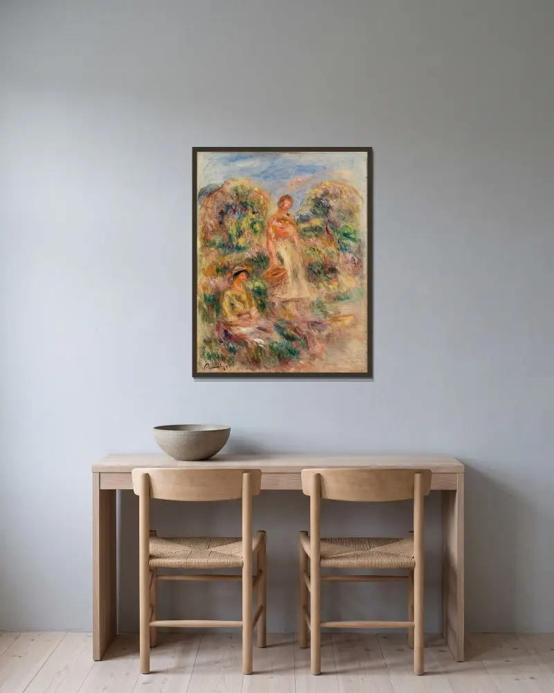 Stojąca kobieta i siedząca kobieta w pejzażu, Pierre-Auguste Renoir w ramie na ścianie
