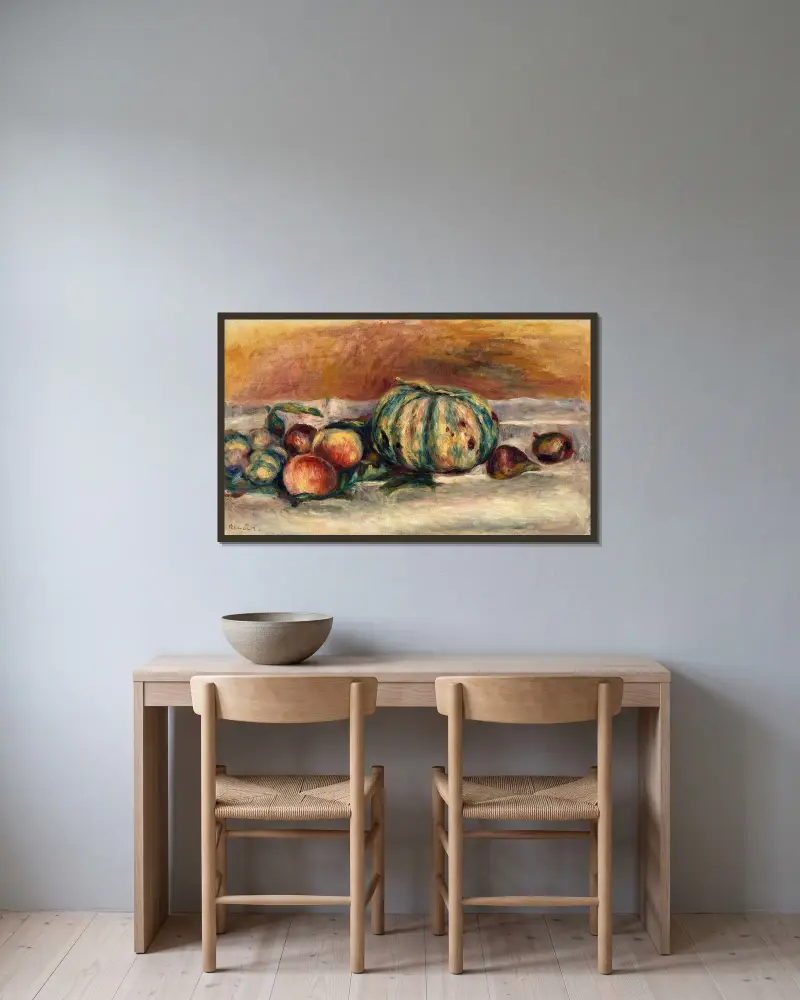Still Life with Melon (Nature morte au melon) av Pierre-Auguste Renoir inramad på en vägg