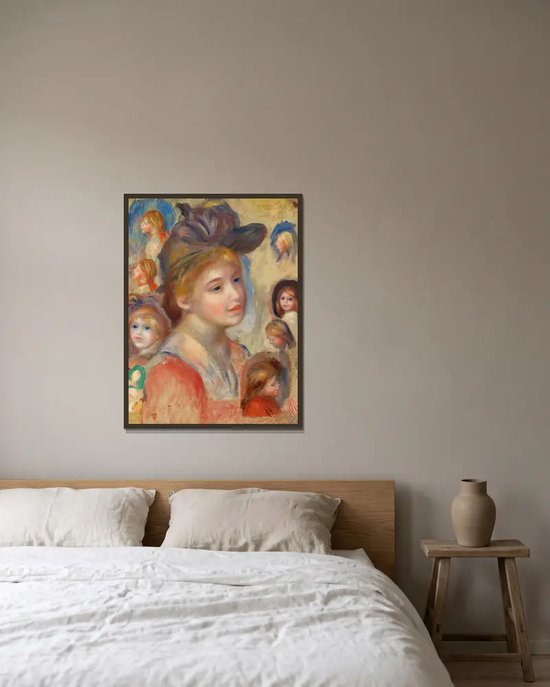 Studie av flickhuvuden av Pierre-Auguste Renoir inramad på en vägg