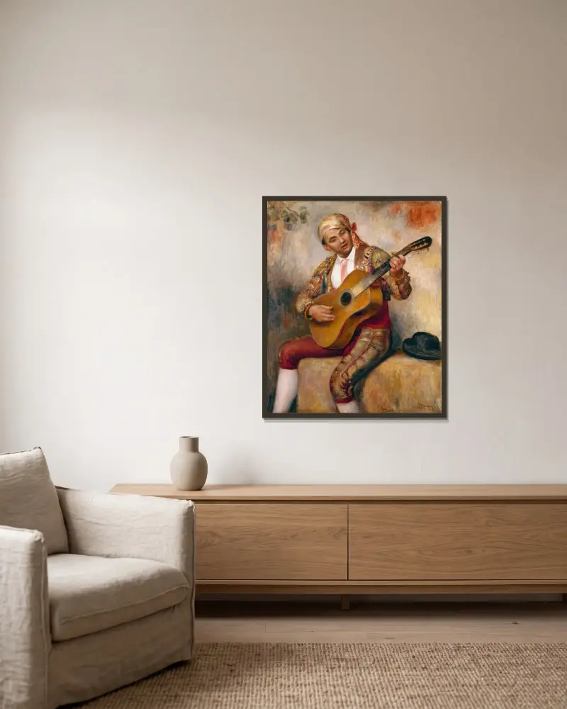 Den spanske gitarristen av Pierre-Auguste Renoir inramad på en vägg