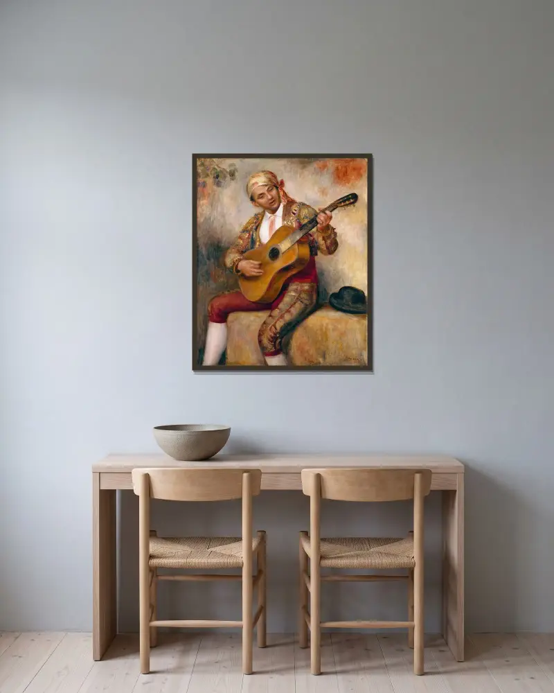 Den spanske gitarristen av Pierre-Auguste Renoir inramad på en vägg