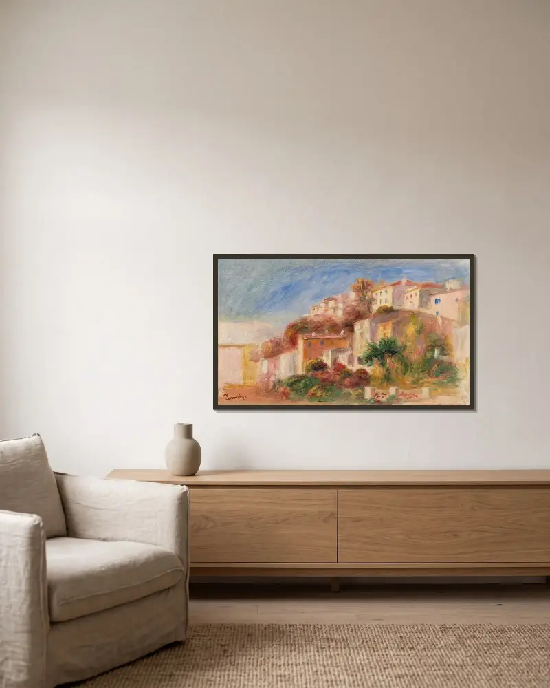 Utsikt från postkontorets trädgård, Cagnes av Pierre-Auguste Renoir inramad på en vägg