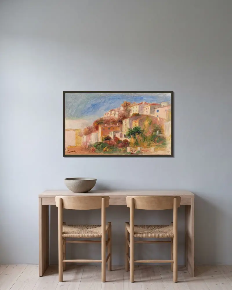 Utsikt från postkontorets trädgård, Cagnes av Pierre-Auguste Renoir inramad på en vägg
