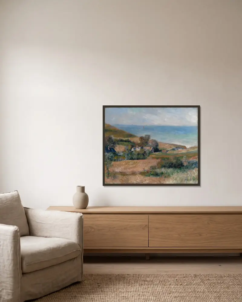 Kustvy vid Wargemont i Normandie av Pierre-Auguste Renoir inramad på en vägg