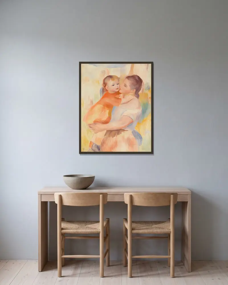 Tvätterska och barn av Pierre-Auguste Renoir inramad på en vägg
