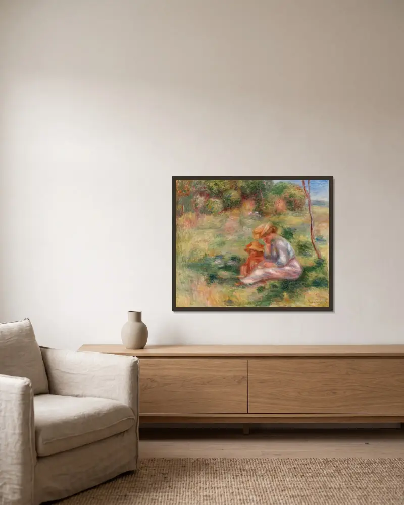Kvinna och barn i gräset av Pierre-Auguste Renoir inramad på en vägg