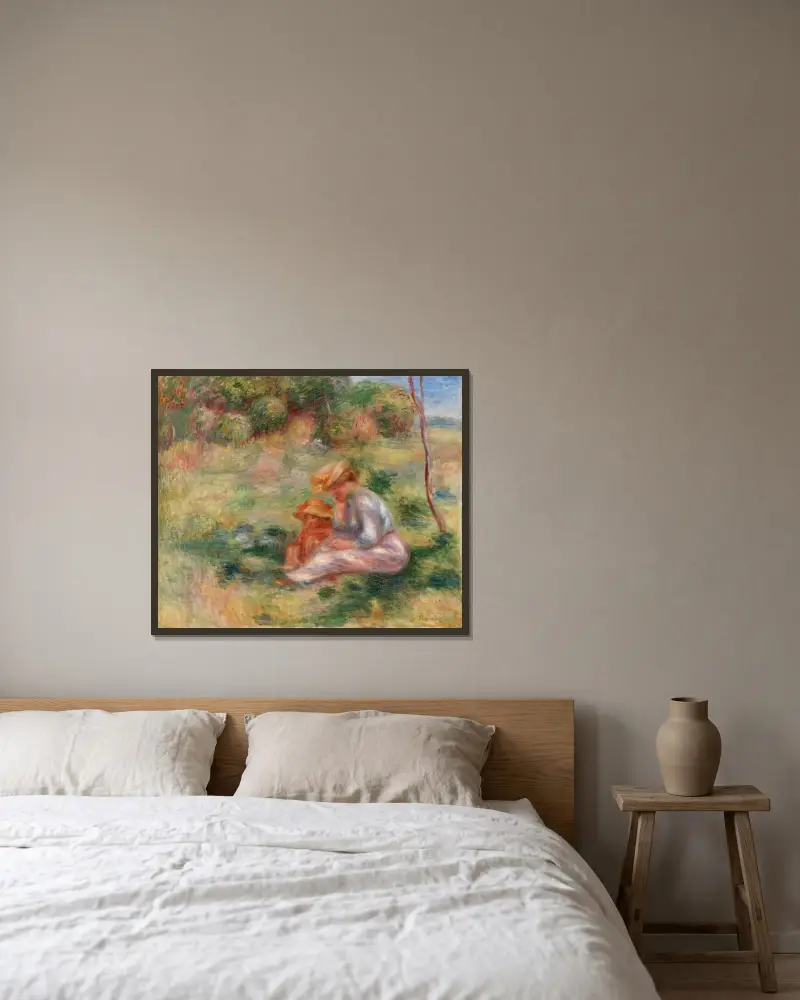 Kvinna och barn i gräset av Pierre-Auguste Renoir inramad på en vägg