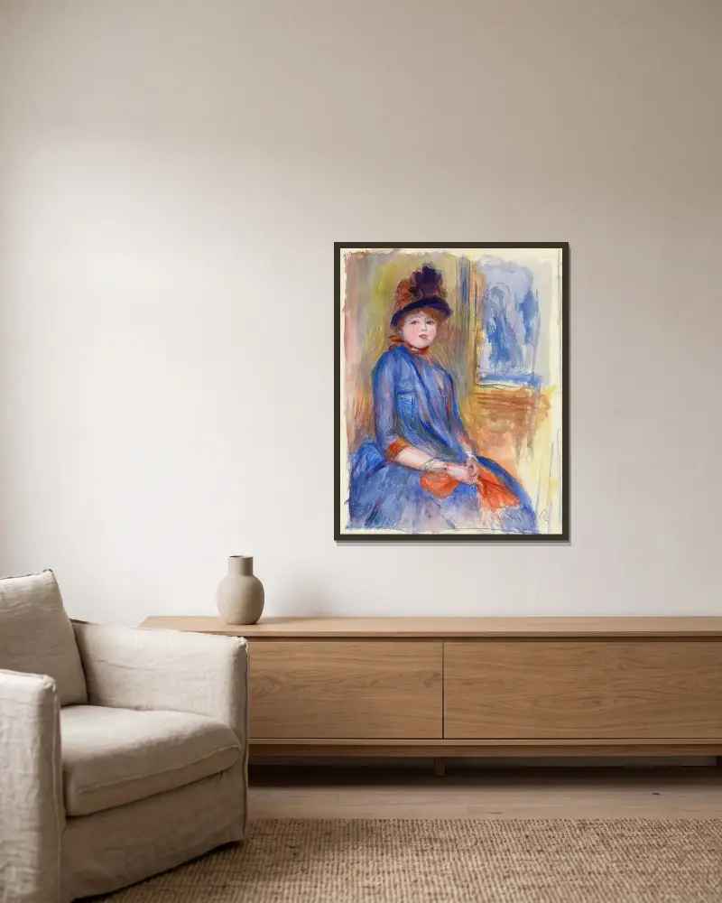 Ung flicka i blå klänning av Pierre-Auguste Renoir inramad på en vägg
