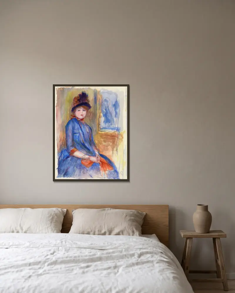 Ung flicka i blå klänning av Pierre-Auguste Renoir inramad på en vägg