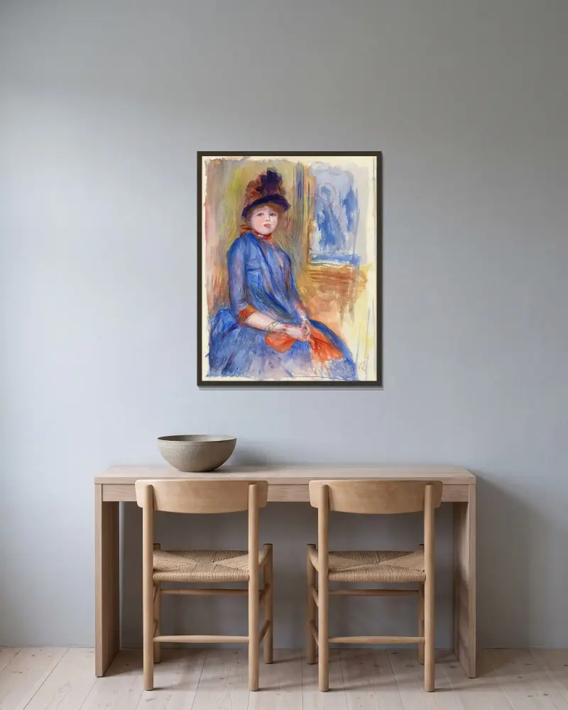 Ung flicka i blå klänning av Pierre-Auguste Renoir inramad på en vägg