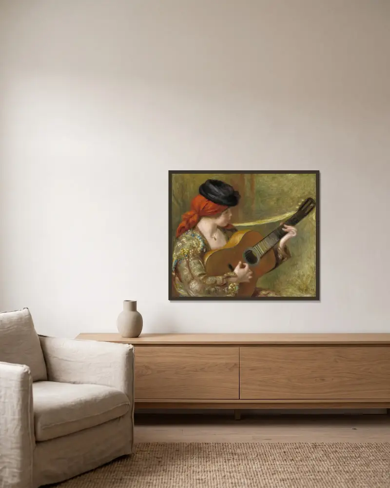 Ung spansk kvinna med gitarr av Pierre-Auguste Renoir inramad på en vägg
