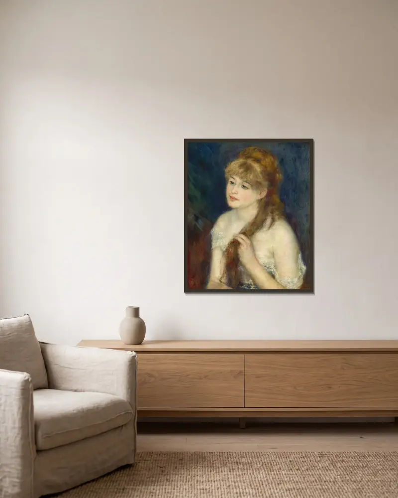 Young Woman Braiding Her Hair av Pierre-Auguste Renoir inramad på en vägg