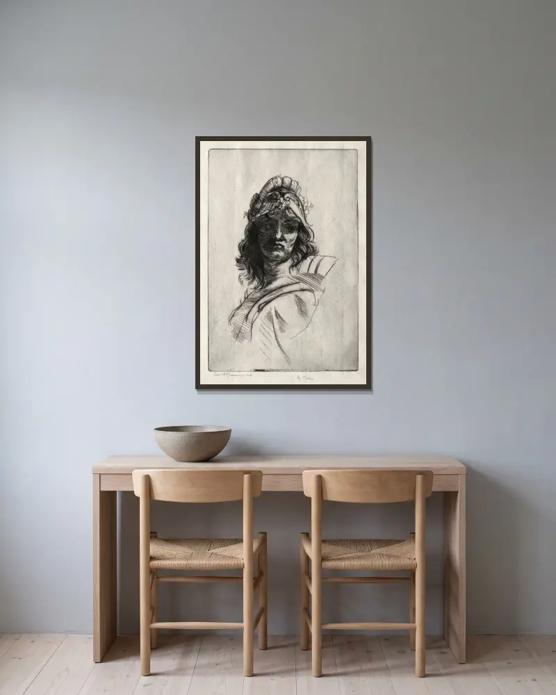 Büste der Bellona von Auguste Rodin gerahmt an einer Wand