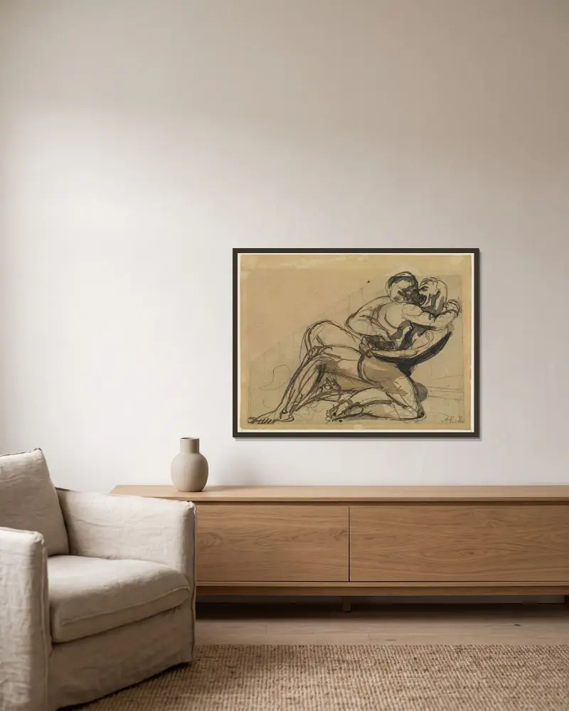 Ein Mann, der eine Frau umarmt von Auguste Rodin gerahmt an einer Wand
