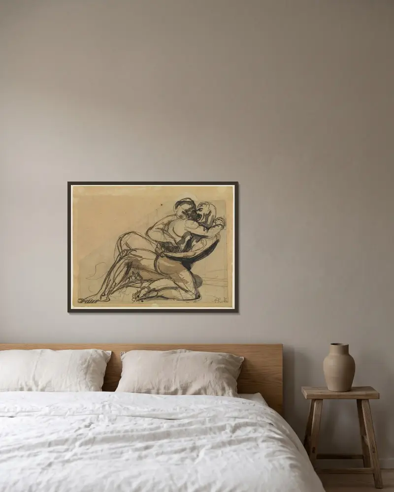 Ein Mann, der eine Frau umarmt von Auguste Rodin gerahmt an einer Wand