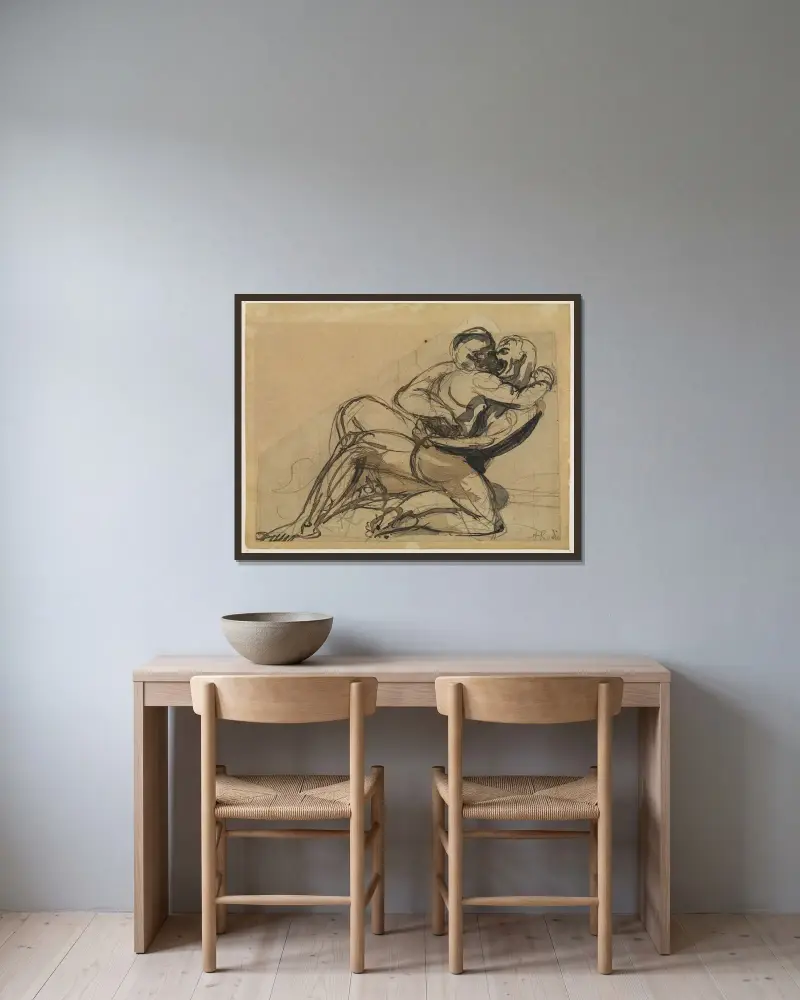Ein Mann, der eine Frau umarmt von Auguste Rodin gerahmt an einer Wand