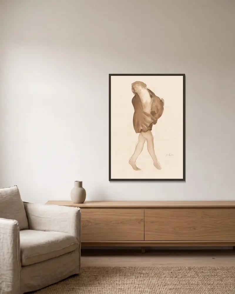 Stehende weibliche Aktstudie mit braunem Tuch über Schultern und Unterkörper von Auguste Rodin gerahmt an einer Wand