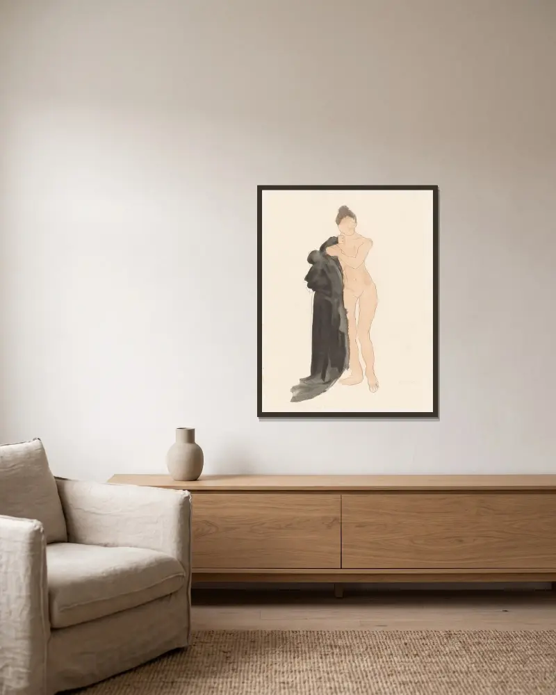 Female nude, standing, holding long black cape at her right with left hand, Auguste Rodin v rámu na stěně