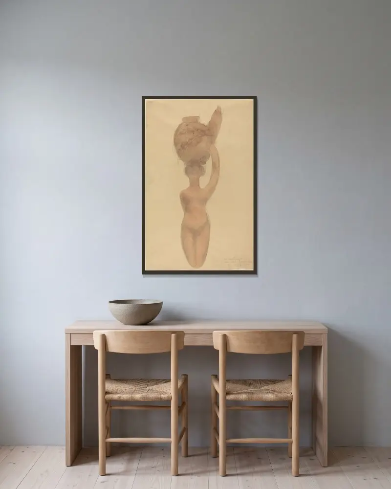 Nackte Frau mit Vase auf dem Kopf von Auguste Rodin gerahmt an einer Wand