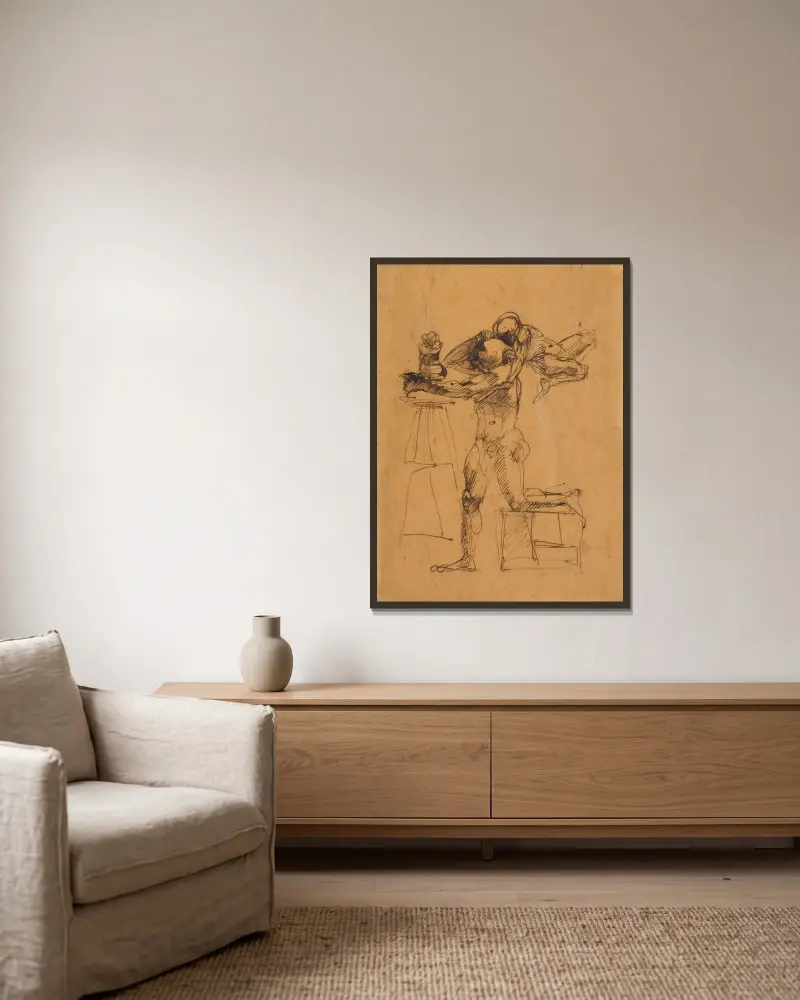 Das Genie des Bildhauers von Auguste Rodin gerahmt an einer Wand