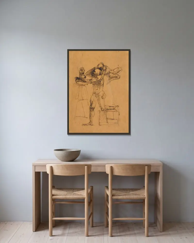 Das Genie des Bildhauers von Auguste Rodin gerahmt an einer Wand