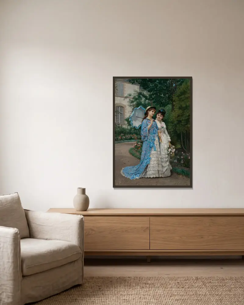 Ein Spaziergang im Garten von Auguste Toulmouche gerahmt an einer Wand