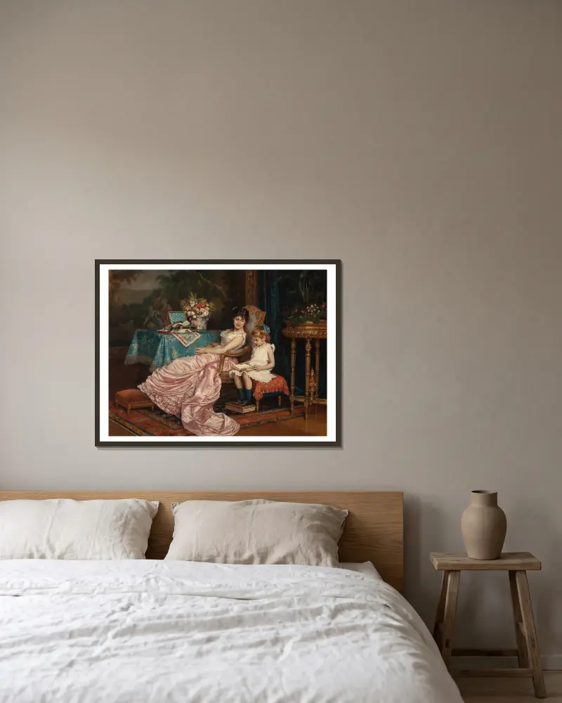 En mor och dotter läser av Auguste Toulmouche inramad på en vägg