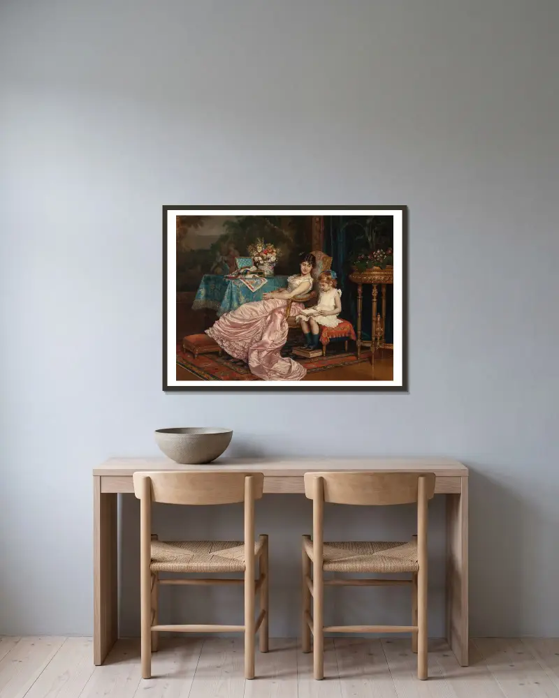 En mor och dotter läser av Auguste Toulmouche inramad på en vägg