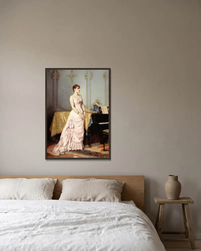 Porträtt av Rose Caron (1857–1890), sångerska av Auguste Toulmouche inramad på en vägg