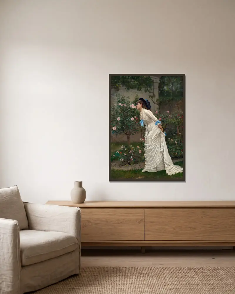 Frau und Rosen von Auguste Toulmouche gerahmt an einer Wand