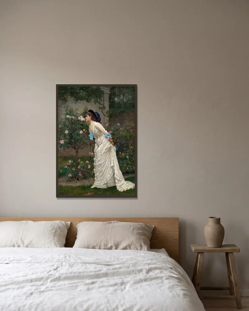 Frau und Rosen von Auguste Toulmouche gerahmt an einer Wand