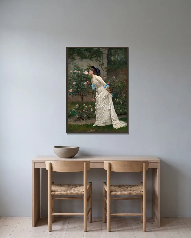 Frau und Rosen von Auguste Toulmouche gerahmt an einer Wand