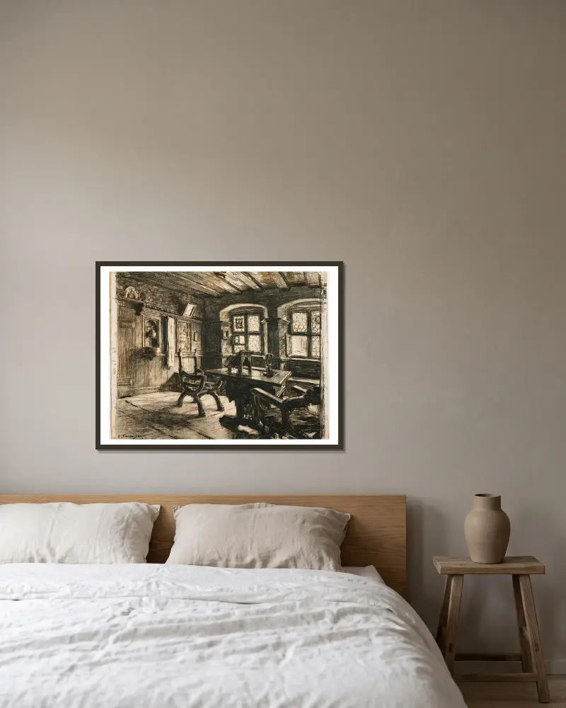 Dürers Zimmer in Nürnberg von Léon Augustin Lhermitte gerahmt an einer Wand
