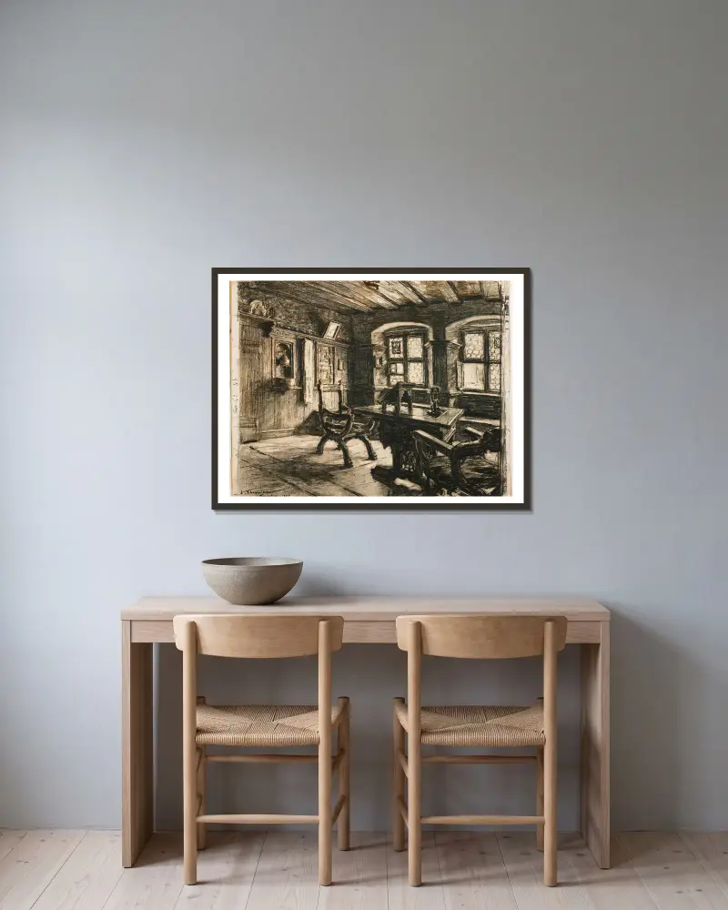 Dürers Zimmer in Nürnberg von Léon Augustin Lhermitte gerahmt an einer Wand