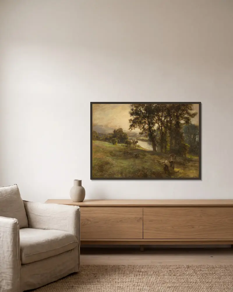 Hay Harvest av Léon Augustin Lhermitte inramad på en vägg