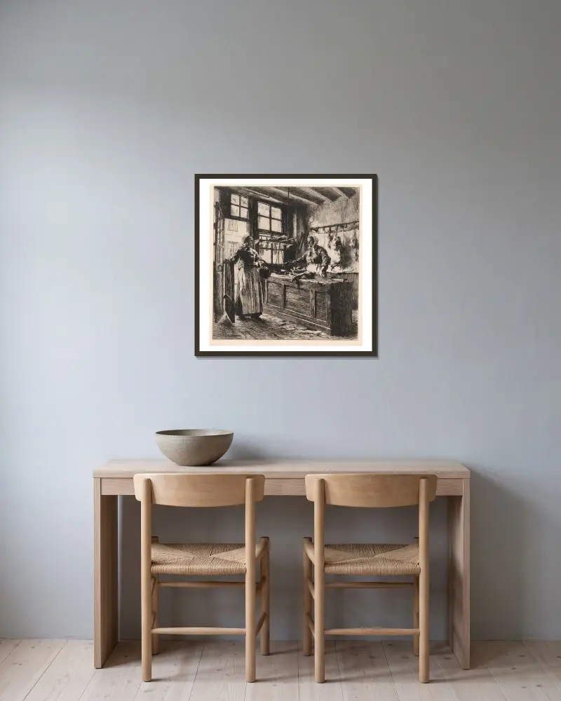 Interiör från en slaktarbutik, 1881 – nr 2 av Léon Augustin Lhermitte inramad på en vägg