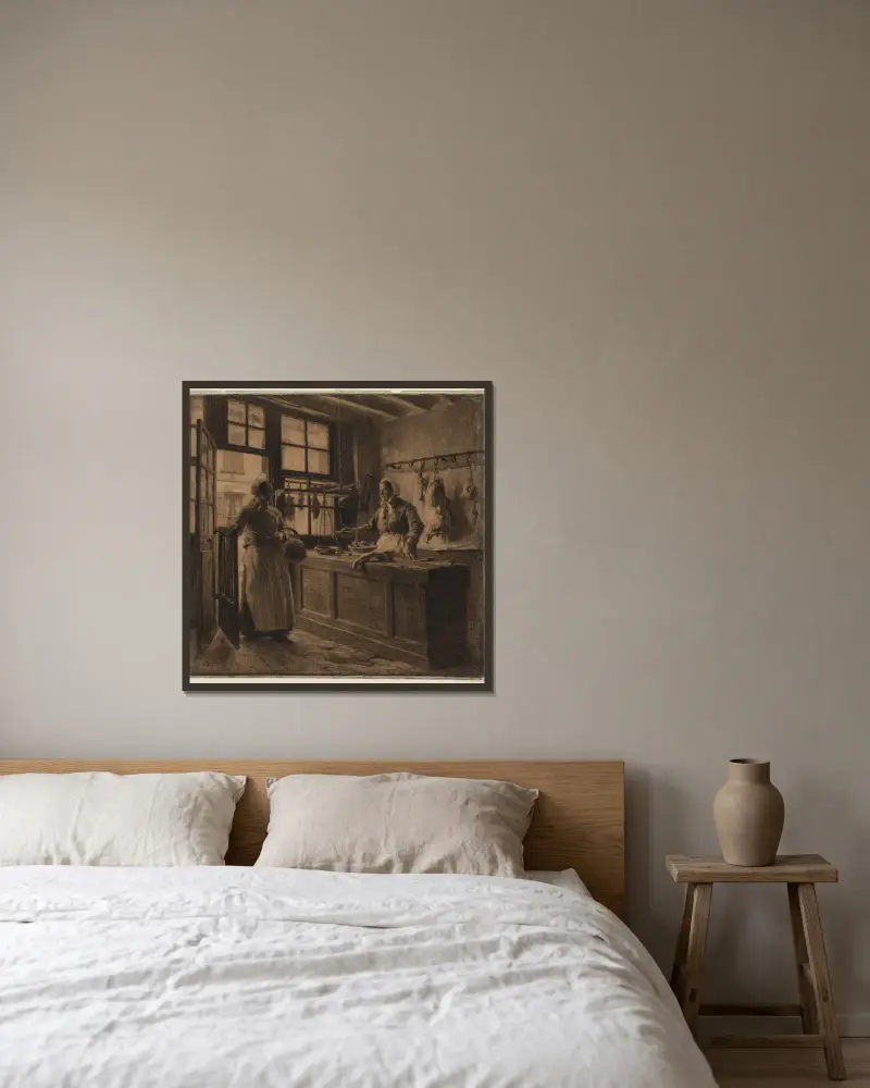 Interiör från en slaktarbutik, 1881 – nr 1 av Léon Augustin Lhermitte inramad på en vägg