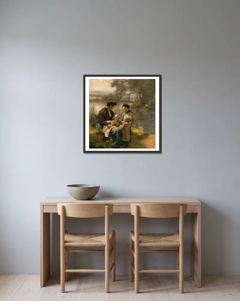 Kvinna med barn och två barn av Léon Augustin Lhermitte inramad på en vägg